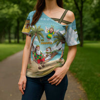 Jamaica Christmas Cross Shoulder Shirt with Rasta Santa Snowman Hammock Angel Palm Trees and Tropical Beach Design - Wonder Print Shop