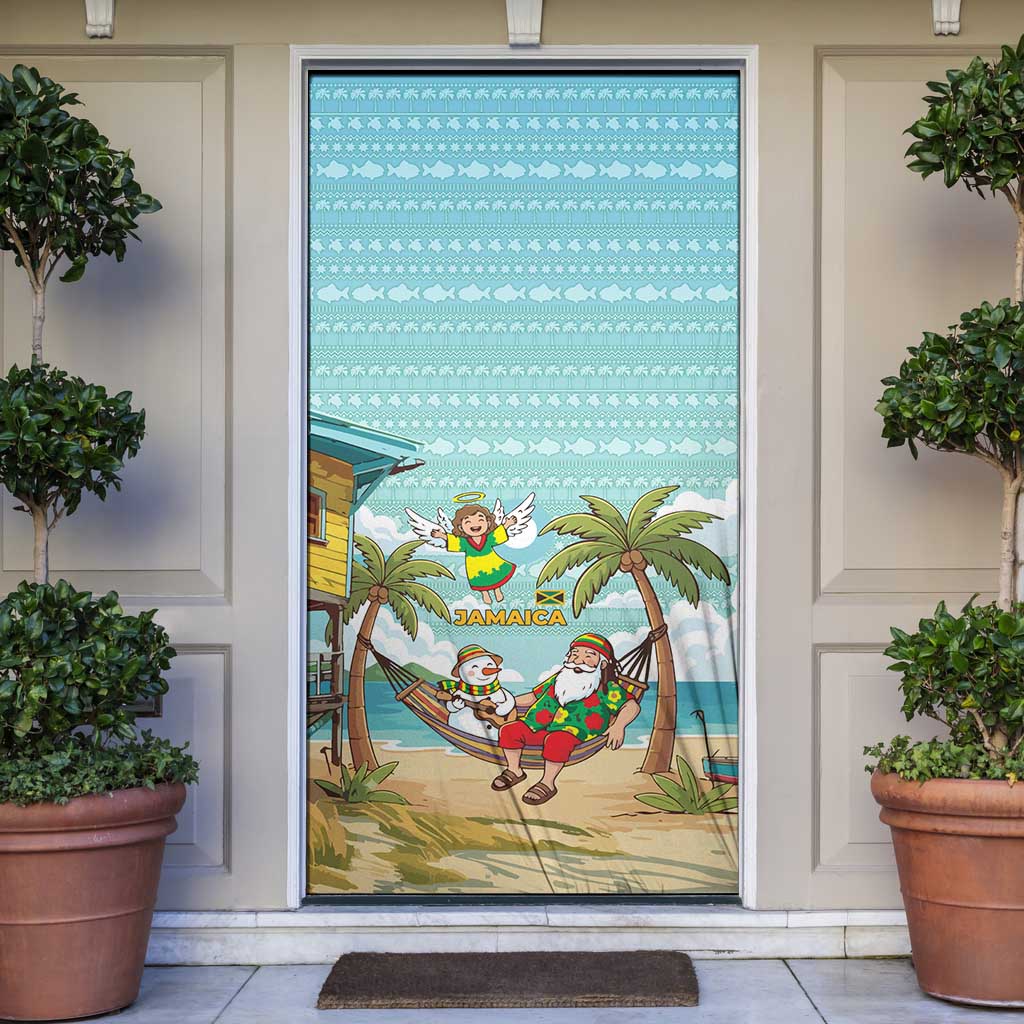 Jamaica Christmas Door Cover with Rasta Santa Snowman Hammock Angel Palm Trees and Tropical Beach Design - Wonder Print Shop