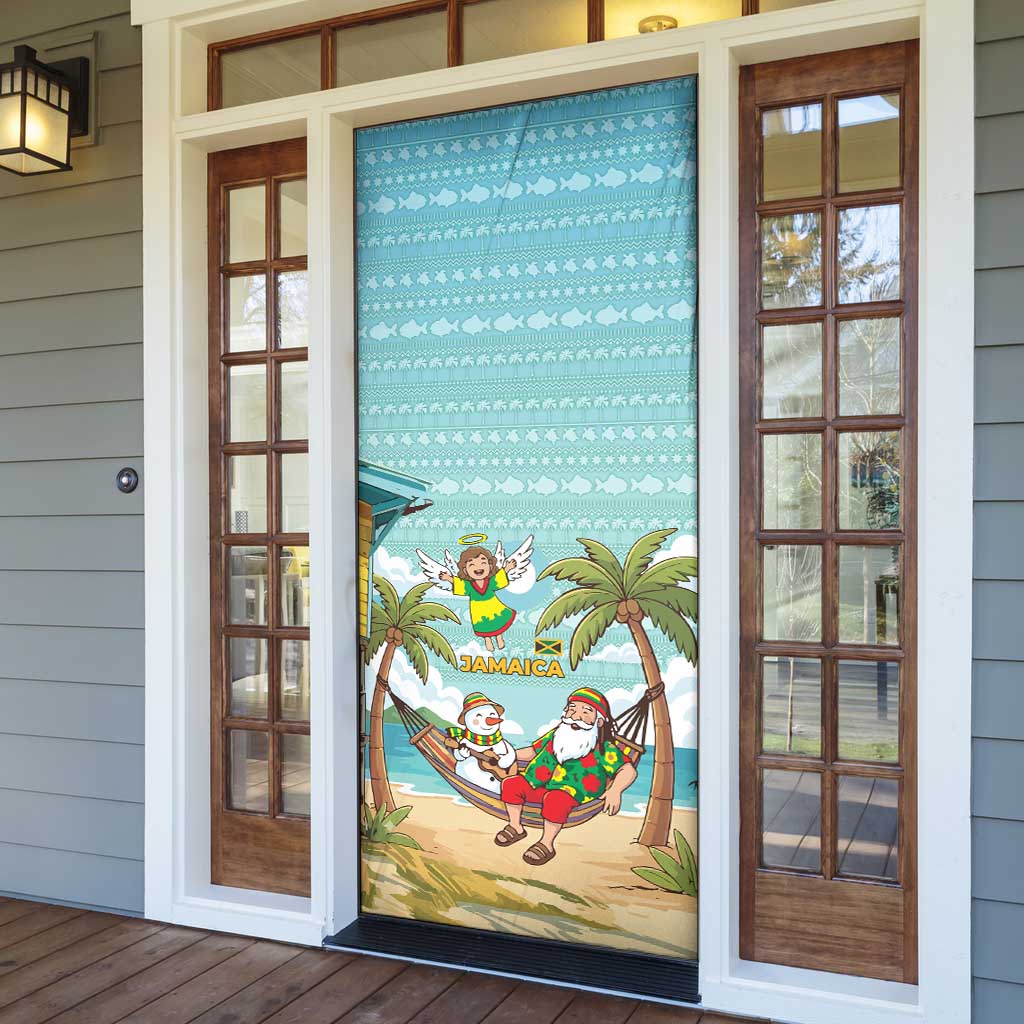 Jamaica Christmas Door Cover with Rasta Santa Snowman Hammock Angel Palm Trees and Tropical Beach Design - Wonder Print Shop