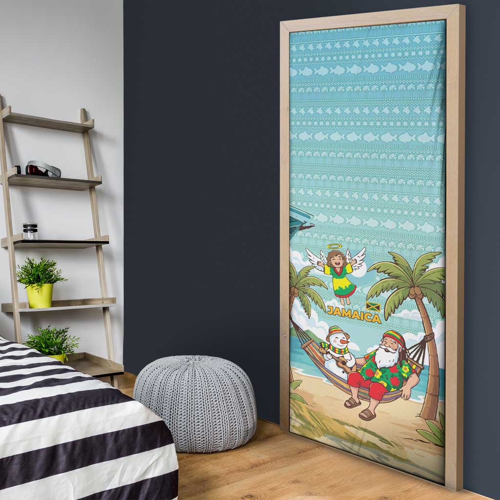 Jamaica Christmas Door Cover with Rasta Santa Snowman Hammock Angel Palm Trees and Tropical Beach Design - Wonder Print Shop