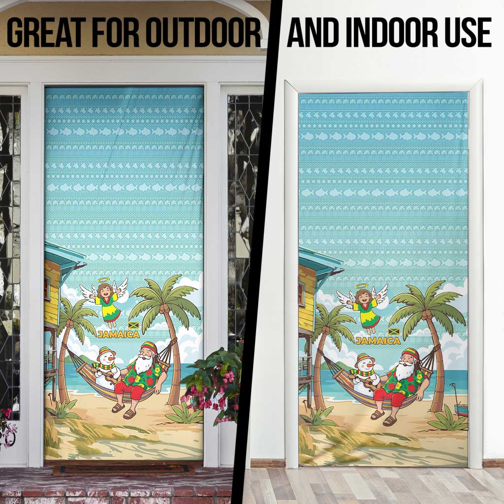 Jamaica Christmas Door Cover with Rasta Santa Snowman Hammock Angel Palm Trees and Tropical Beach Design - Wonder Print Shop