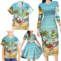 Jamaica Christmas Family Matching Long Sleeve Bodycon Dress and Hawaiian Shirt with Rasta Santa Snowman Hammock Angel Palm Trees and Tropical Beach Design - Wonder Print Shop