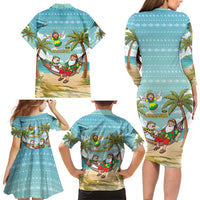 Jamaica Christmas Family Matching Long Sleeve Bodycon Dress and Hawaiian Shirt with Rasta Santa Snowman Hammock Angel Palm Trees and Tropical Beach Design - Wonder Print Shop