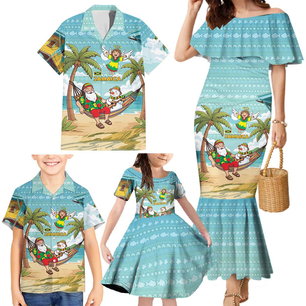 Jamaica Christmas Family Matching Mermaid Dress and Hawaiian Shirt with Rasta Santa Snowman Hammock Angel Palm Trees and Tropical Beach Design - Wonder Print Shop