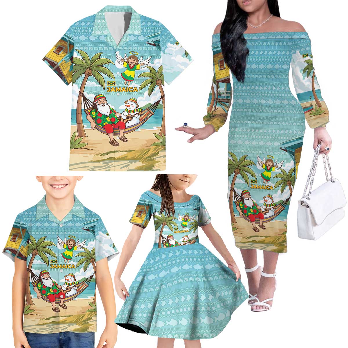 Jamaica Christmas Family Matching Off The Shoulder Long Sleeve Dress and Hawaiian Shirt with Rasta Santa Snowman Hammock Angel Palm Trees and Tropical Beach Design - Wonder Print Shop