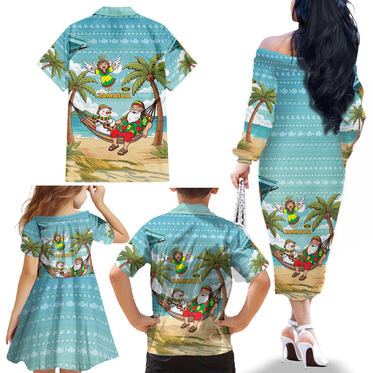 Jamaica Christmas Family Matching Off The Shoulder Long Sleeve Dress and Hawaiian Shirt with Rasta Santa Snowman Hammock Angel Palm Trees and Tropical Beach Design - Wonder Print Shop