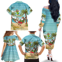 Jamaica Christmas Family Matching Off The Shoulder Long Sleeve Dress and Hawaiian Shirt with Rasta Santa Snowman Hammock Angel Palm Trees and Tropical Beach Design - Wonder Print Shop