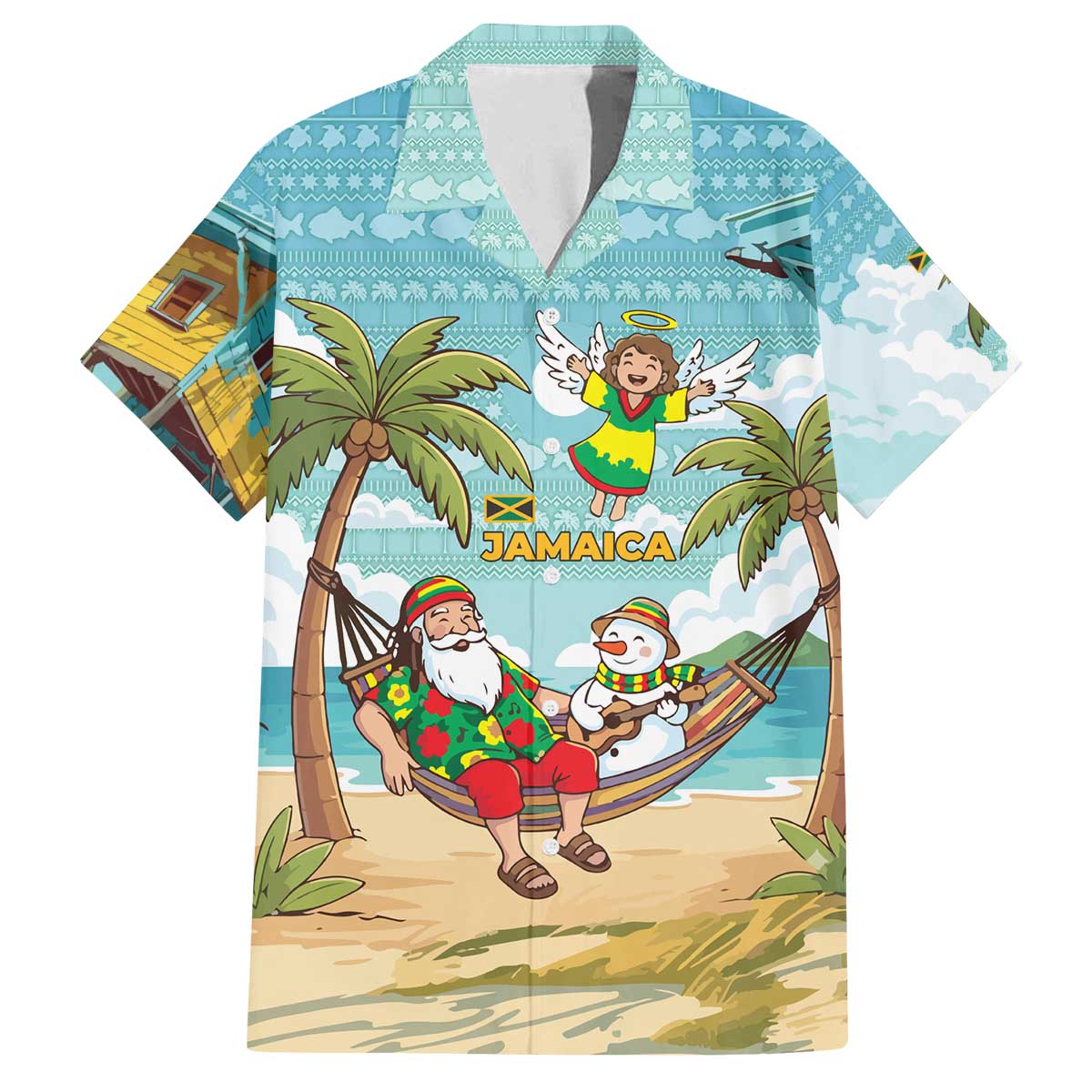 Jamaica Christmas Family Matching Off The Shoulder Long Sleeve Dress and Hawaiian Shirt with Rasta Santa Snowman Hammock Angel Palm Trees and Tropical Beach Design - Wonder Print Shop