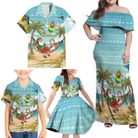 Jamaica Christmas Family Matching Off Shoulder Maxi Dress and Hawaiian Shirt with Rasta Santa Snowman Hammock Angel Palm Trees and Tropical Beach Design - Wonder Print Shop
