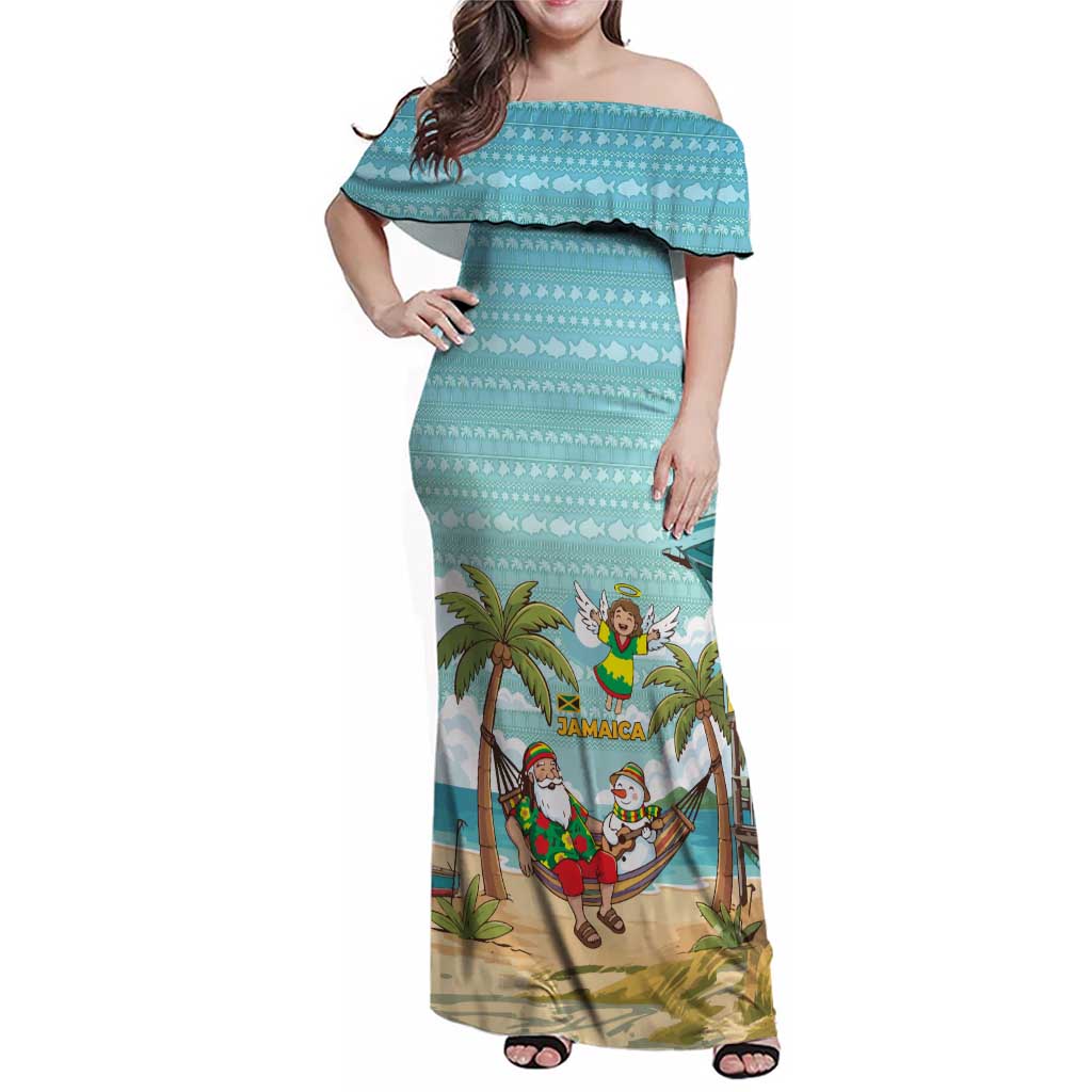 Jamaica Christmas Family Matching Off Shoulder Maxi Dress and Hawaiian Shirt with Rasta Santa Snowman Hammock Angel Palm Trees and Tropical Beach Design - Wonder Print Shop
