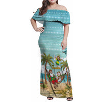 Jamaica Christmas Family Matching Off Shoulder Maxi Dress and Hawaiian Shirt with Rasta Santa Snowman Hammock Angel Palm Trees and Tropical Beach Design - Wonder Print Shop