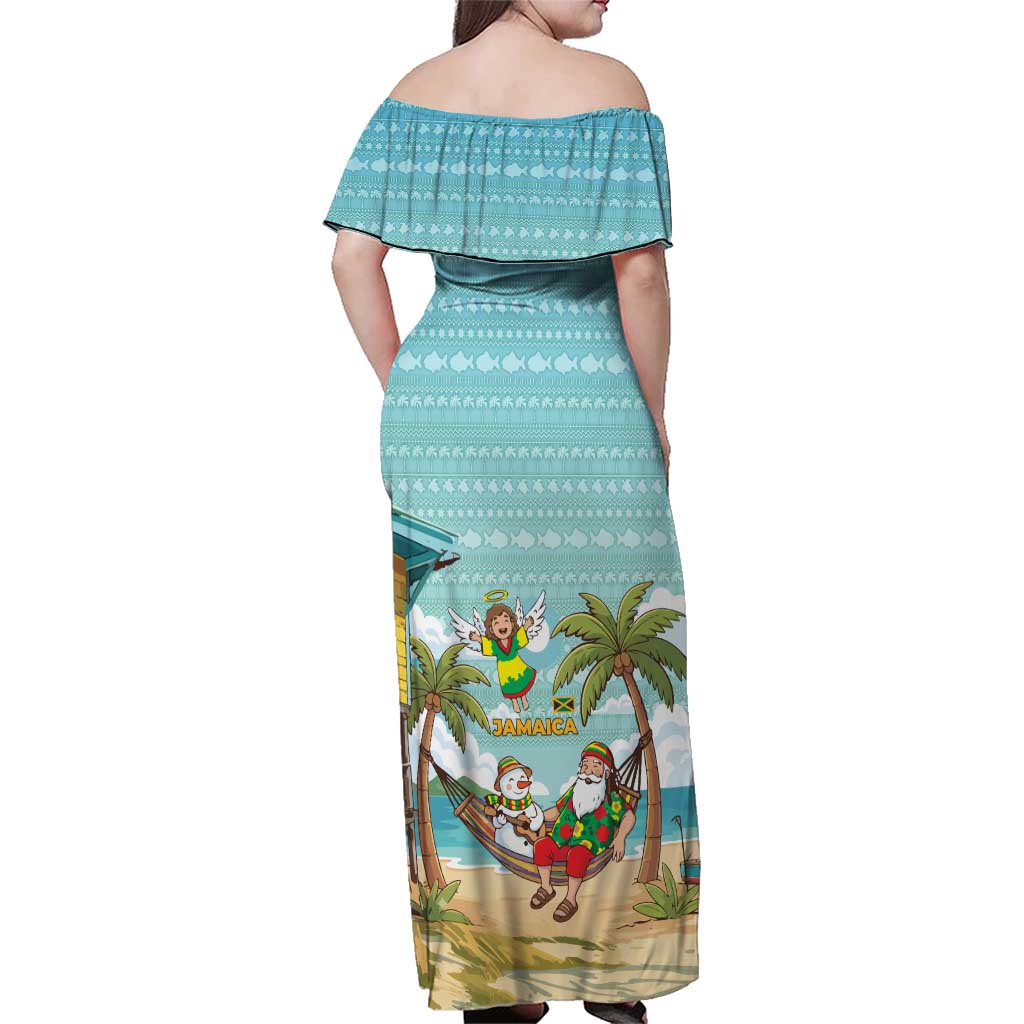Jamaica Christmas Family Matching Off Shoulder Maxi Dress and Hawaiian Shirt with Rasta Santa Snowman Hammock Angel Palm Trees and Tropical Beach Design - Wonder Print Shop