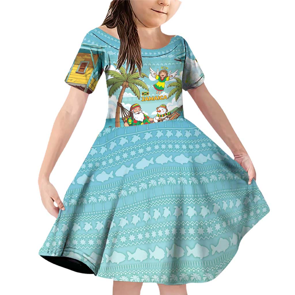 Jamaica Christmas Family Matching Off Shoulder Short Dress and Hawaiian Shirt with Rasta Santa Snowman Hammock Angel Palm Trees and Tropical Beach Design - Wonder Print Shop