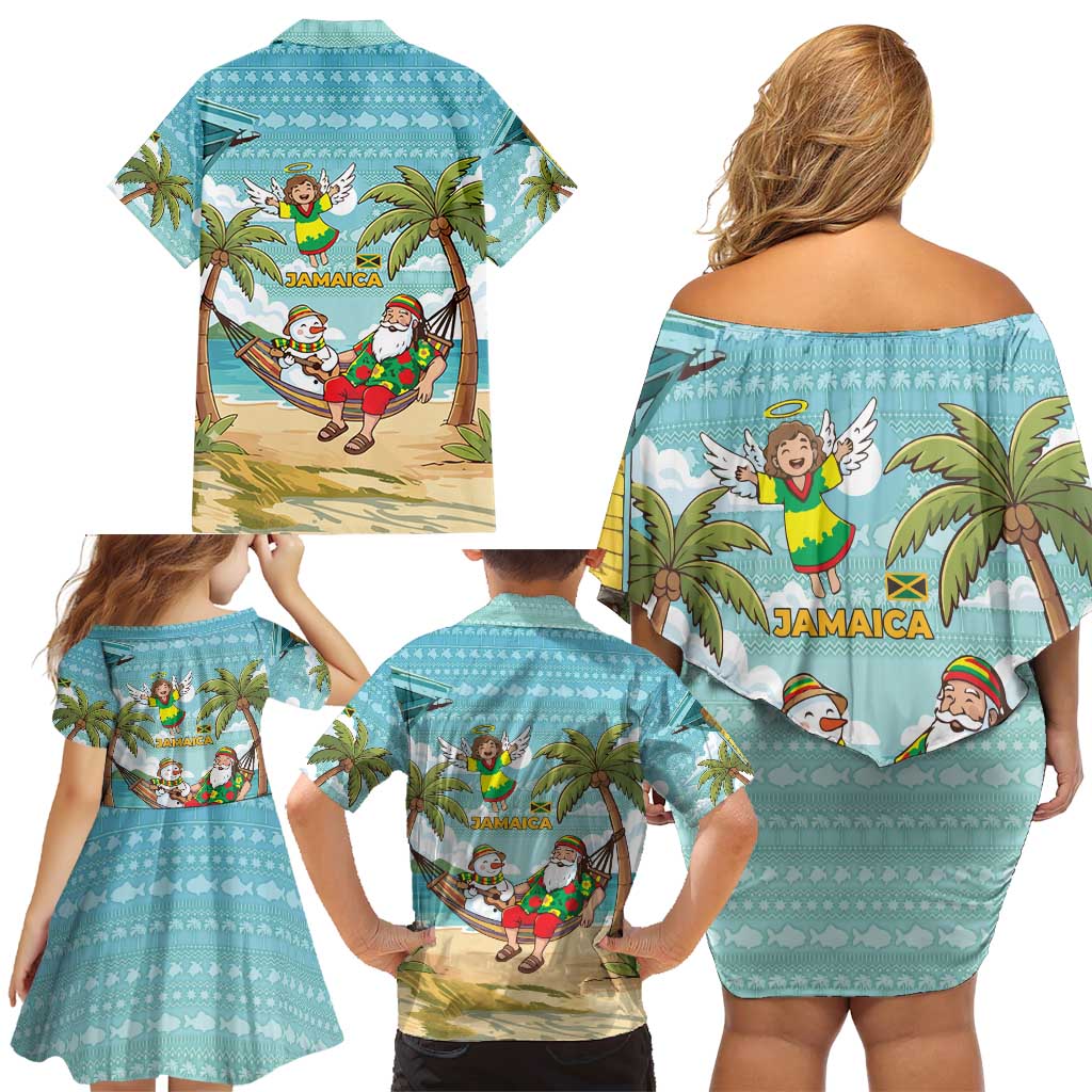 Jamaica Christmas Family Matching Off Shoulder Short Dress and Hawaiian Shirt with Rasta Santa Snowman Hammock Angel Palm Trees and Tropical Beach Design - Wonder Print Shop