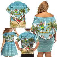 Jamaica Christmas Family Matching Off Shoulder Short Dress and Hawaiian Shirt with Rasta Santa Snowman Hammock Angel Palm Trees and Tropical Beach Design - Wonder Print Shop