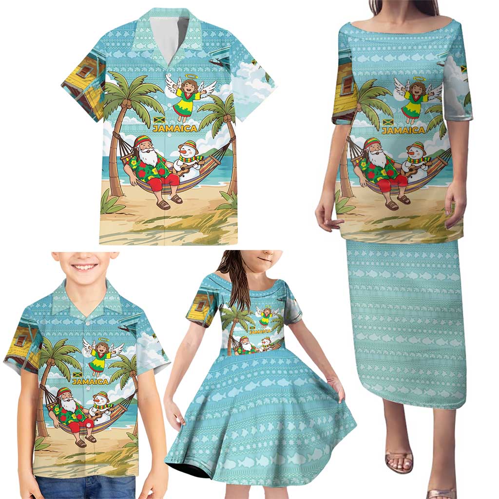 Jamaica Christmas Family Matching Puletasi and Hawaiian Shirt with Rasta Santa Snowman Hammock Angel Palm Trees and Tropical Beach Design - Wonder Print Shop