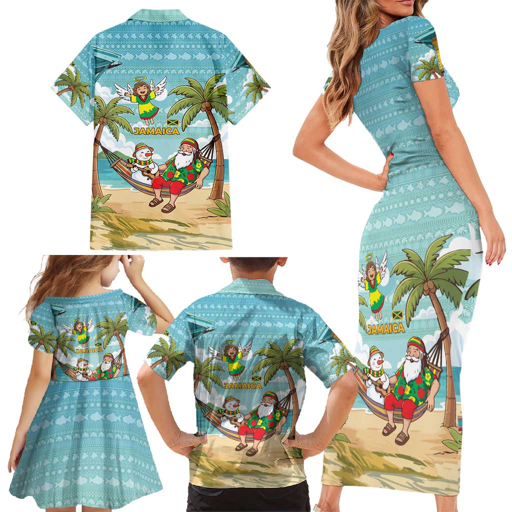 Jamaica Christmas Family Matching Short Sleeve Bodycon Dress and Hawaiian Shirt with Rasta Santa Snowman Hammock Angel Palm Trees and Tropical Beach Design - Wonder Print Shop