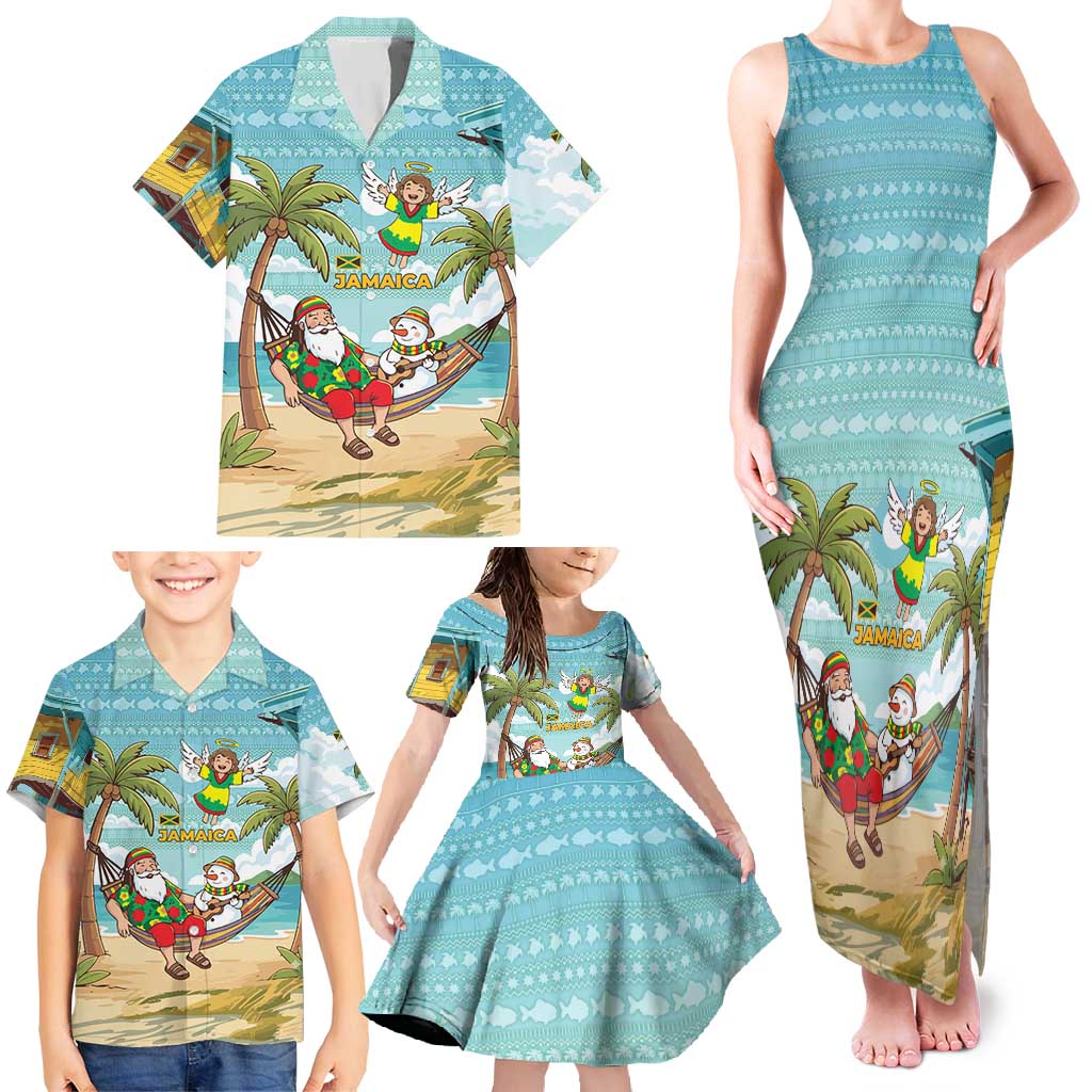 Jamaica Christmas Family Matching Tank Maxi Dress and Hawaiian Shirt with Rasta Santa Snowman Hammock Angel Palm Trees and Tropical Beach Design - Wonder Print Shop