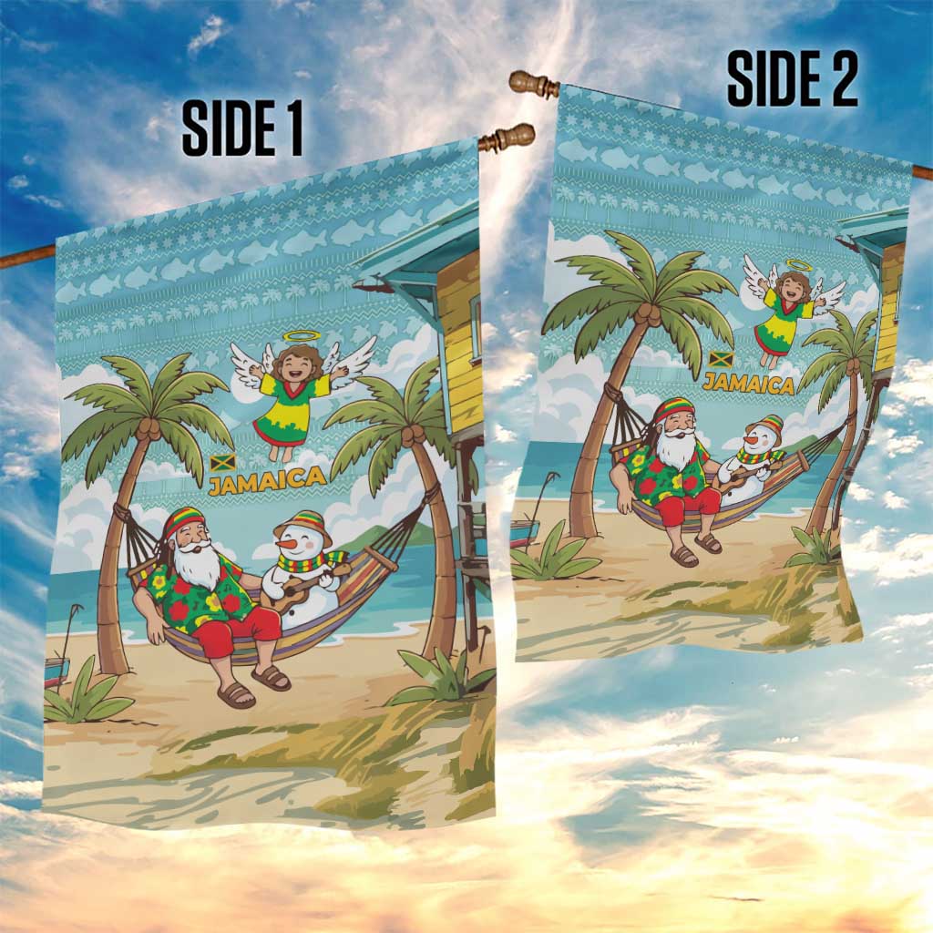 Jamaica Christmas Garden Flag with Rasta Santa Snowman Hammock Angel Palm Trees and Tropical Beach Design - Wonder Print Shop