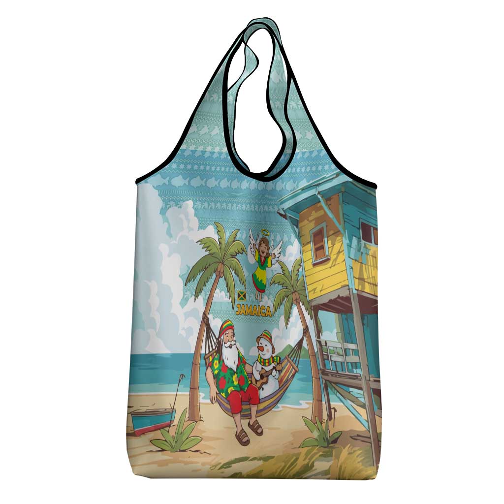 Jamaica Christmas Grocery Bag with Rasta Santa Snowman Hammock Angel Palm Trees and Tropical Beach Design - Wonder Print Shop