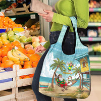 Jamaica Christmas Grocery Bag with Rasta Santa Snowman Hammock Angel Palm Trees and Tropical Beach Design - Wonder Print Shop