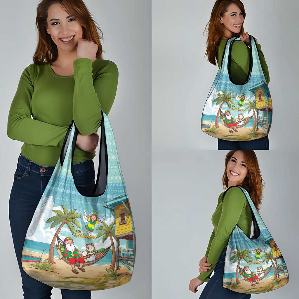 Jamaica Christmas Grocery Bag with Rasta Santa Snowman Hammock Angel Palm Trees and Tropical Beach Design - Wonder Print Shop