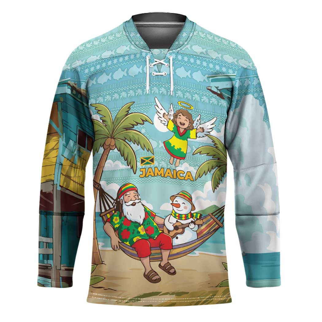 Jamaica Christmas Hockey Jersey with Rasta Santa Snowman Hammock Angel Palm Trees and Tropical Beach Design - Wonder Print Shop