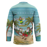 Jamaica Christmas Hockey Jersey with Rasta Santa Snowman Hammock Angel Palm Trees and Tropical Beach Design - Wonder Print Shop