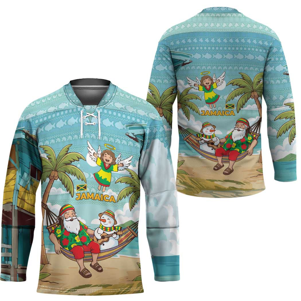 Jamaica Christmas Hockey Jersey with Rasta Santa Snowman Hammock Angel Palm Trees and Tropical Beach Design - Wonder Print Shop