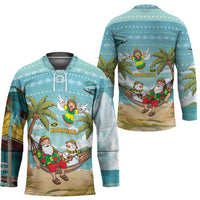 Jamaica Christmas Hockey Jersey with Rasta Santa Snowman Hammock Angel Palm Trees and Tropical Beach Design - Wonder Print Shop