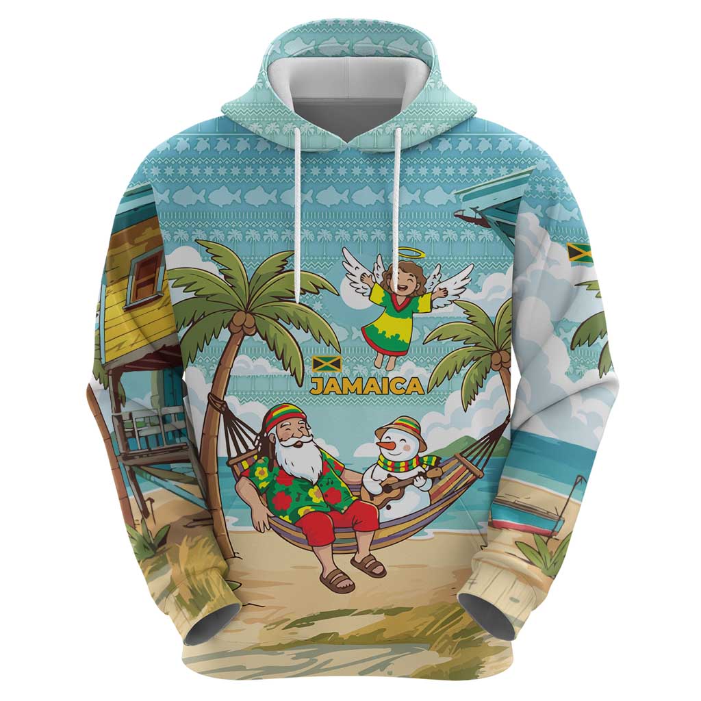 Jamaica Christmas Hoodie with Rasta Santa Snowman Hammock Angel Palm Trees and Tropical Beach Design - Wonder Print Shop