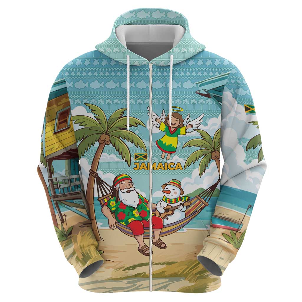 Jamaica Christmas Hoodie with Rasta Santa Snowman Hammock Angel Palm Trees and Tropical Beach Design - Wonder Print Shop