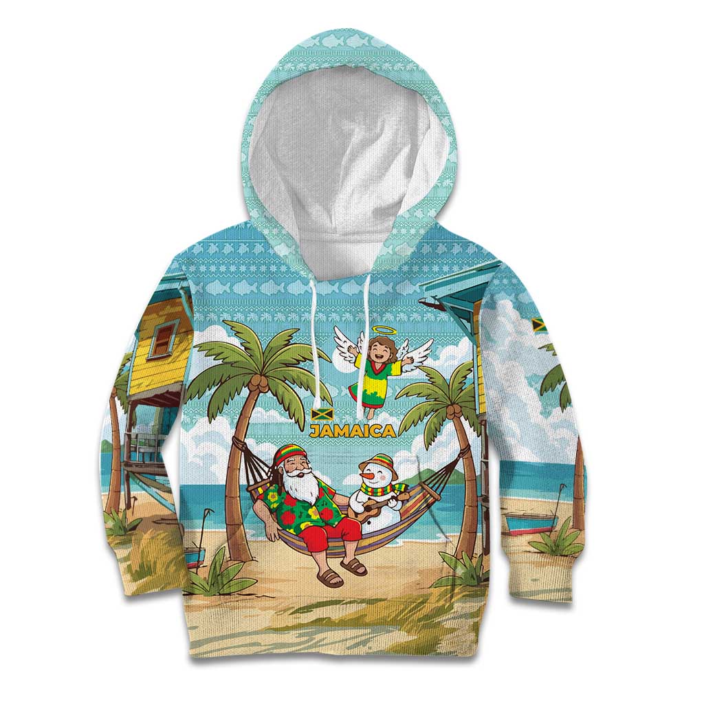 Jamaica Christmas Kid Hoodie with Rasta Santa Snowman Hammock Angel Palm Trees and Tropical Beach Design - Wonder Print Shop