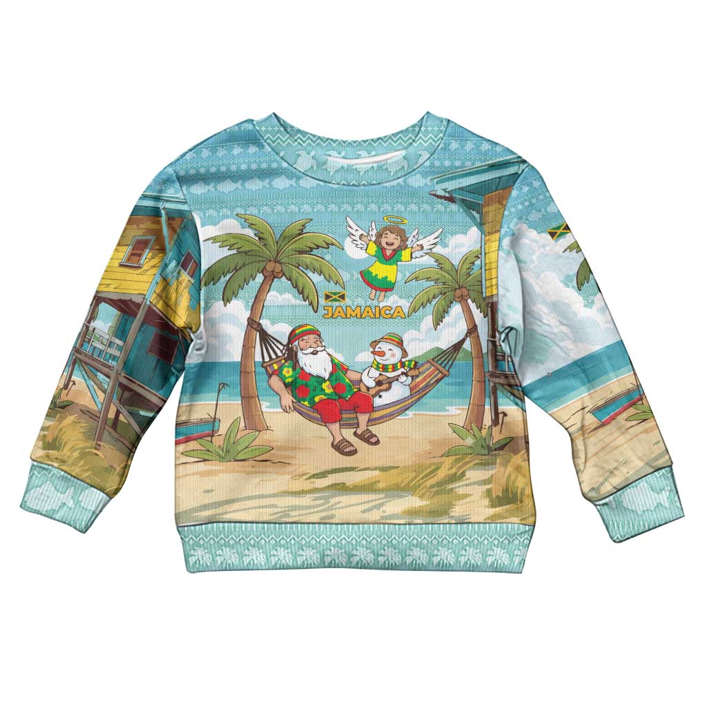 Jamaica Christmas Kid Ugly Christmas Sweater with Rasta Santa Snowman Hammock Angel Palm Trees and Tropical Beach Design - Wonder Print Shop