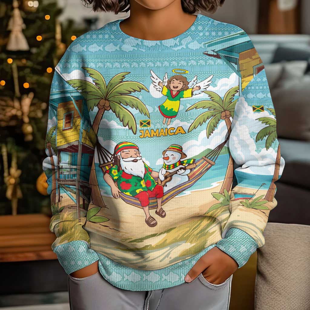 Jamaica Christmas Kid Ugly Christmas Sweater with Rasta Santa Snowman Hammock Angel Palm Trees and Tropical Beach Design - Wonder Print Shop