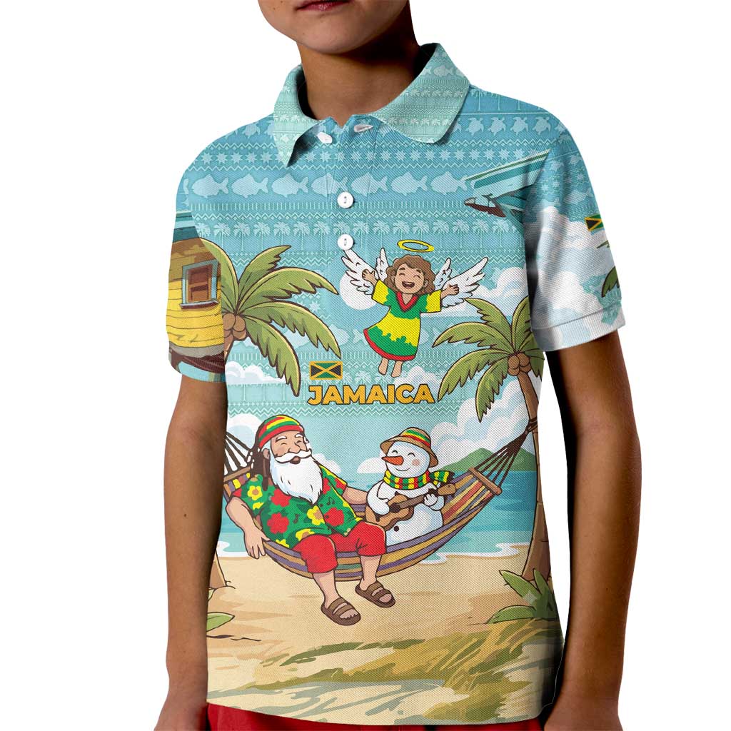 Jamaica Christmas Kid Polo Shirt with Rasta Santa Snowman Hammock Angel Palm Trees and Tropical Beach Design - Wonder Print Shop