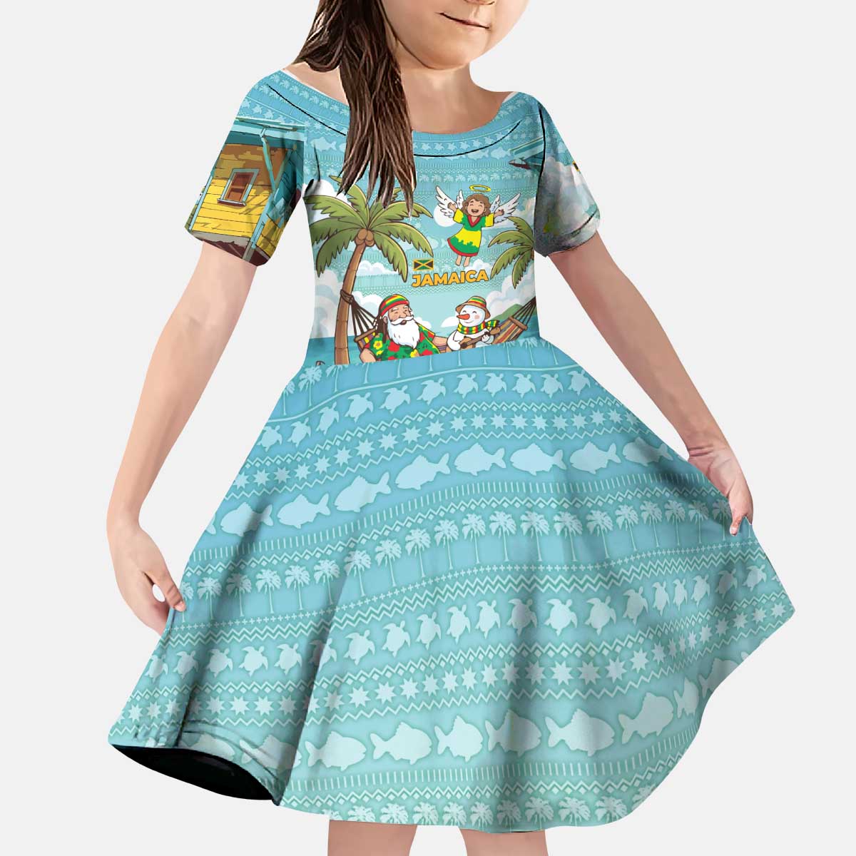 Jamaica Christmas Kid Short Sleeve Dress with Rasta Santa Snowman Hammock Angel Palm Trees and Tropical Beach Design - Wonder Print Shop