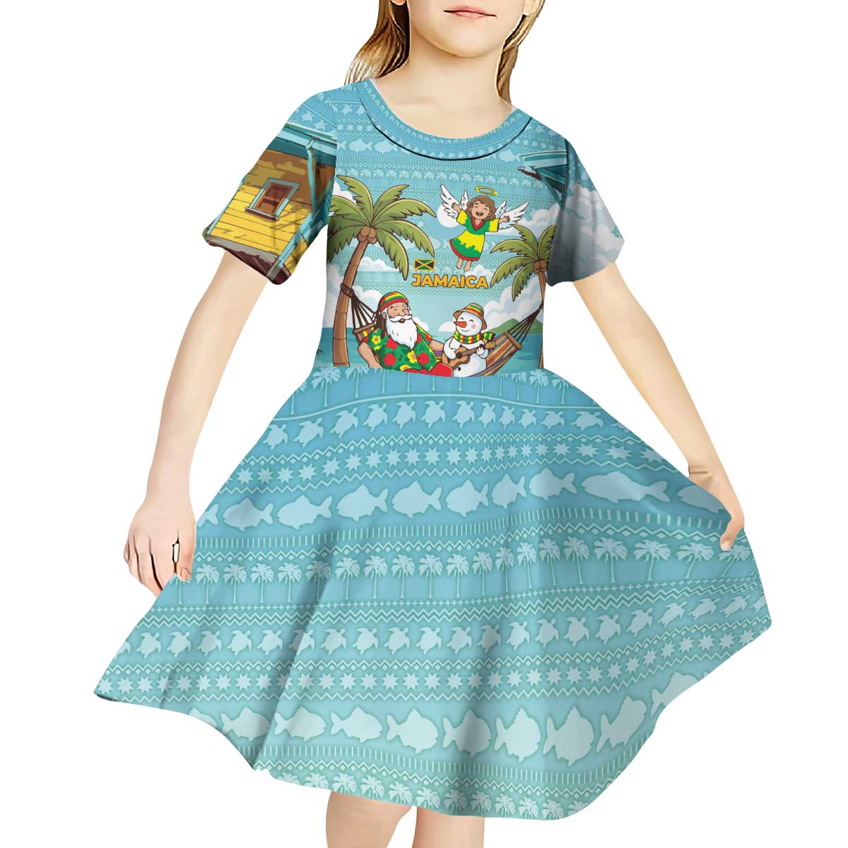 Jamaica Christmas Kid Short Sleeve Dress with Rasta Santa Snowman Hammock Angel Palm Trees and Tropical Beach Design - Wonder Print Shop