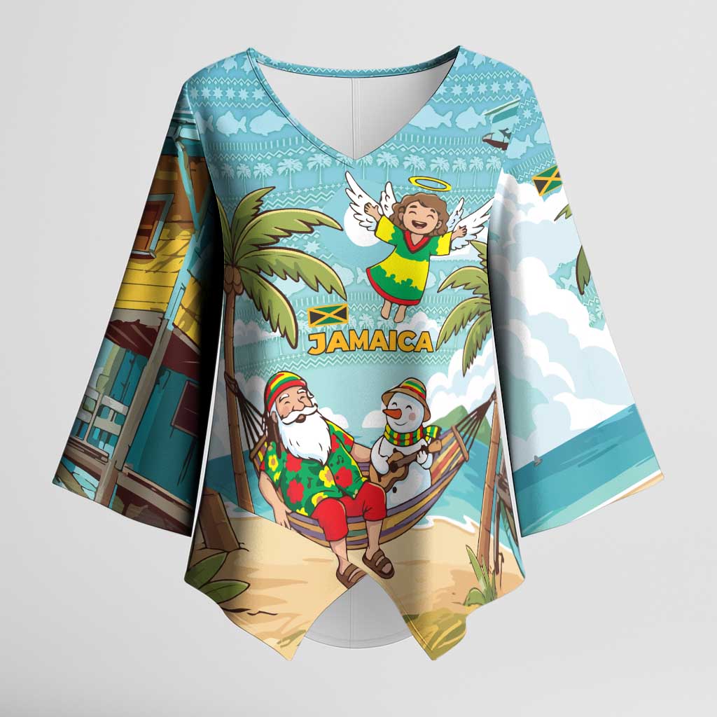 Jamaica Christmas Kimono Sleeve Blouse with Rasta Santa Snowman Hammock Angel Palm Trees and Tropical Beach Design - Wonder Print Shop