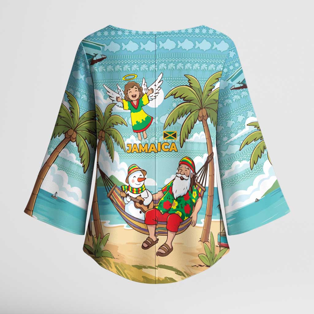 Jamaica Christmas Kimono Sleeve Blouse with Rasta Santa Snowman Hammock Angel Palm Trees and Tropical Beach Design - Wonder Print Shop