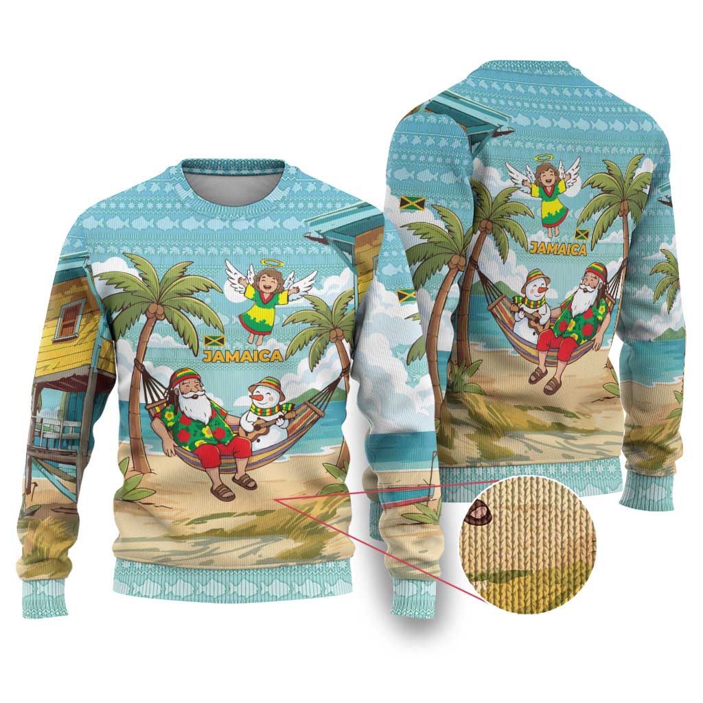 Jamaica Christmas Ugly Christmas Sweater with Rasta Santa Snowman Hammock Angel Palm Trees and Tropical Beach Design - Wonder Print Shop