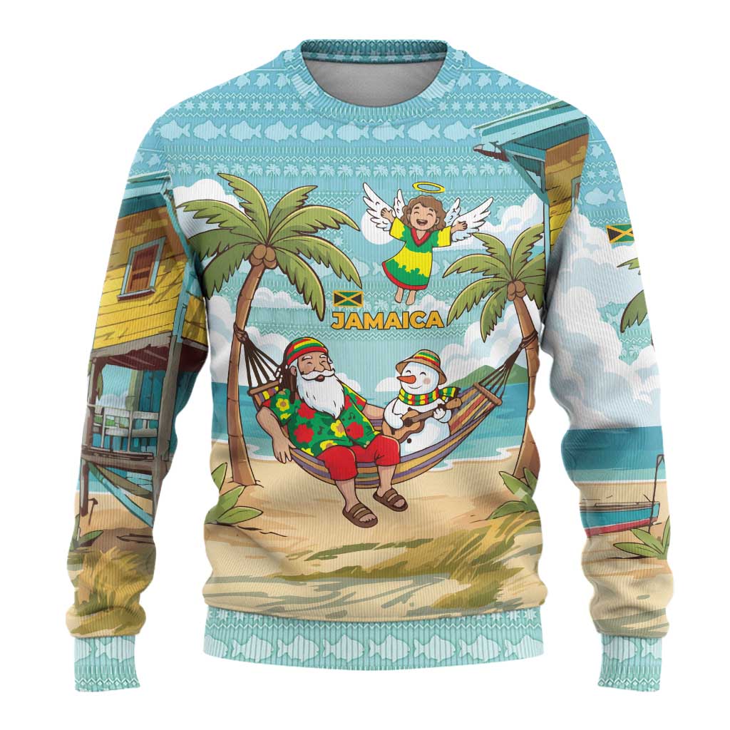 Jamaica Christmas Ugly Christmas Sweater with Rasta Santa Snowman Hammock Angel Palm Trees and Tropical Beach Design - Wonder Print Shop