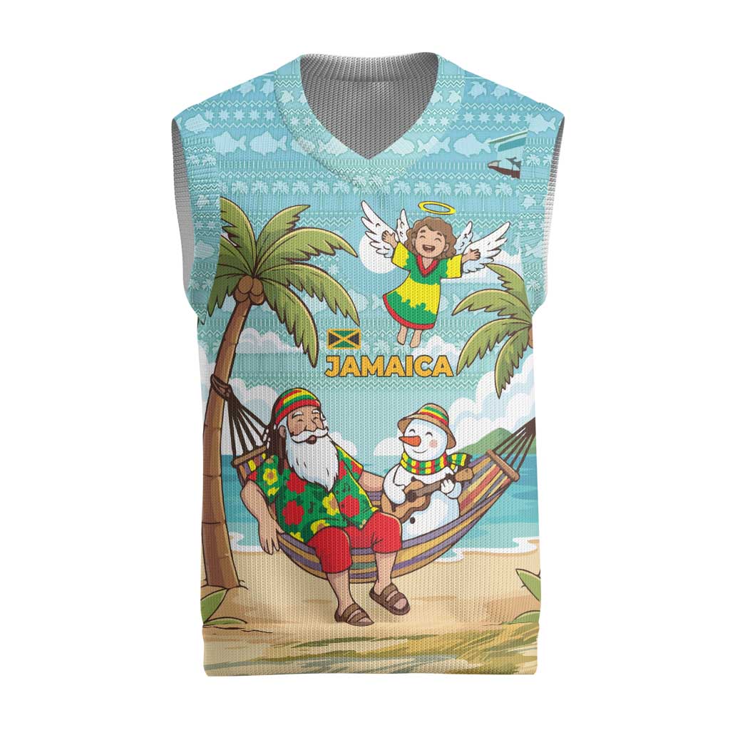 Jamaica Christmas Knitted V-Neck Vest with Rasta Santa Snowman Hammock Angel Palm Trees and Tropical Beach Design - Wonder Print Shop