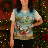 Jamaica Christmas Knitted V-Neck Vest with Rasta Santa Snowman Hammock Angel Palm Trees and Tropical Beach Design - Wonder Print Shop