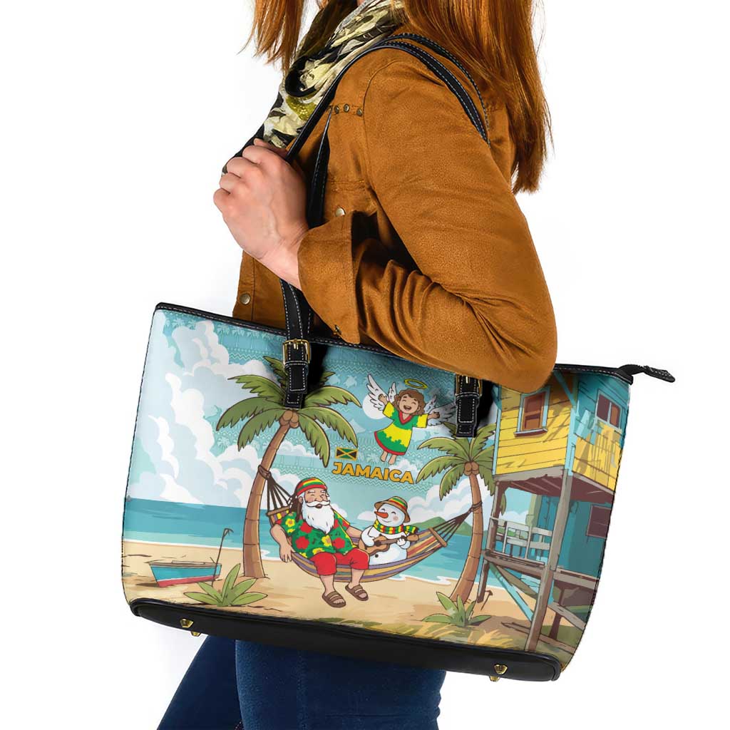 Jamaica Christmas Leather Tote Bag with Rasta Santa Snowman Hammock Angel Palm Trees and Tropical Beach Design - Wonder Print Shop