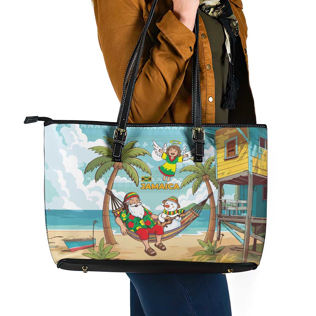 Jamaica Christmas Leather Tote Bag with Rasta Santa Snowman Hammock Angel Palm Trees and Tropical Beach Design - Wonder Print Shop