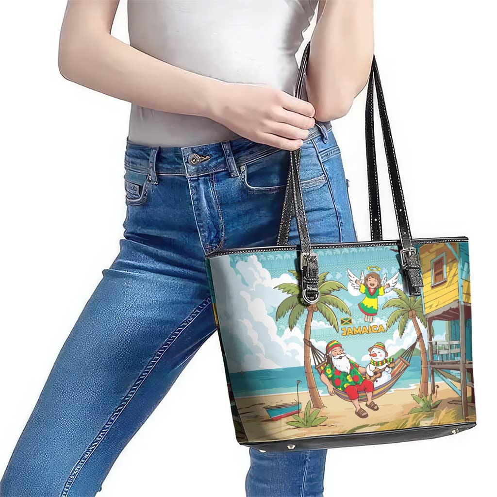 Jamaica Christmas Leather Tote Bag with Rasta Santa Snowman Hammock Angel Palm Trees and Tropical Beach Design - Wonder Print Shop
