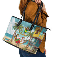 Jamaica Christmas Leather Tote Bag with Rasta Santa Snowman Hammock Angel Palm Trees and Tropical Beach Design - Wonder Print Shop