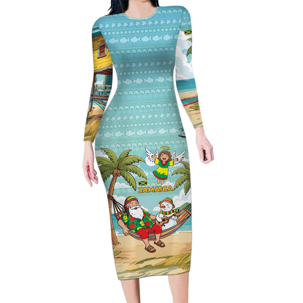 Jamaica Christmas Long Sleeve Bodycon Dress with Rasta Santa Snowman Hammock Angel Palm Trees and Tropical Beach Design - Wonder Print Shop