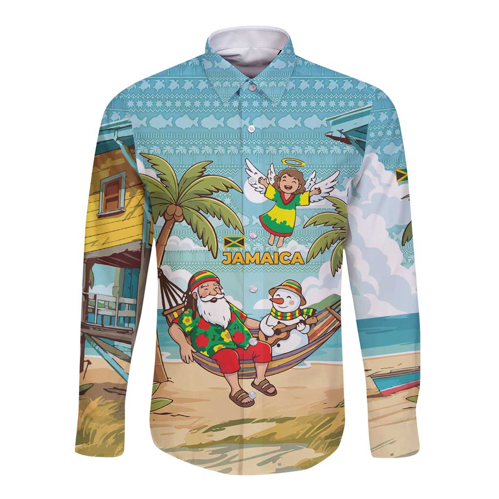 Jamaica Christmas Long Sleeve Button Shirt with Rasta Santa Snowman Hammock Angel Palm Trees and Tropical Beach Design - Wonder Print Shop
